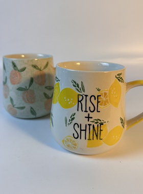 出口欧美品牌手绘柠檬水蜜桃陶瓷情侣杯一对创意情侣款水杯伴手礼
