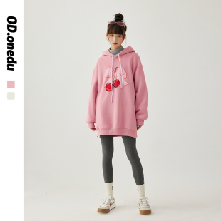 新款 连衣裙冬季 樱桃刺绣连帽抽绳套头加绒加厚开叉卫衣中长款