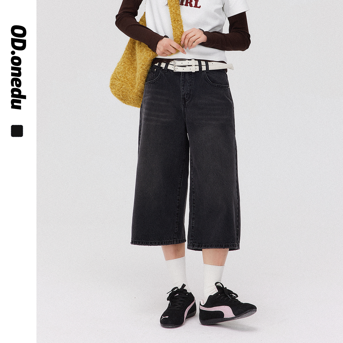 阔腿七分水洗黑牛仔裤