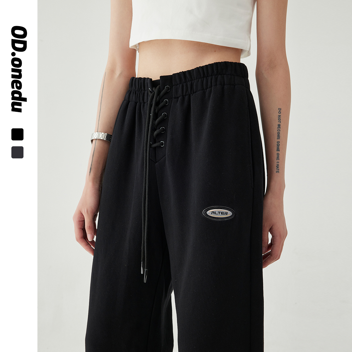 OD抽绳绑带松紧腰束脚卫裤街头高腰纯色宽松百搭休闲长裤女运动风