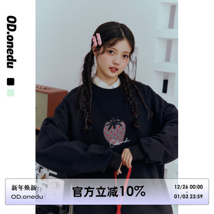 ODonedu草莓刺绣圆领毛圈底长袖 卫衣女休闲简约黑色宽松慵懒上衣