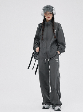 OD 撞色反光芽条风衣外套女宽松美式运动冲锋衣直筒长裤两件套装