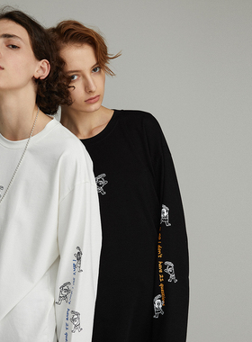 onedu长袖T恤女2026新款圆领卡通印花打底衫韩版宽松纯棉内搭上衣