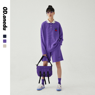 T恤五分裤 女长袖 两件套 樱桃套装 OD紫色运动休闲华夫格POLO领长袖