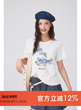 ODonedu韩系休闲卡通印花正肩白色短袖T恤女宽松显瘦圆领体恤上衣