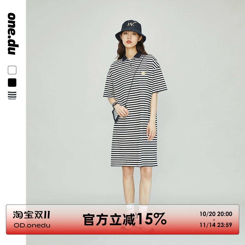 减龄POLO领短袖女2025夏季条纹T恤裙子韩版中长款运动休闲连衣裙