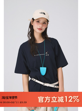 ODonedu藏蓝色纯棉短袖t恤女通米奇英文刺绣休闲圆领针织半袖上衣