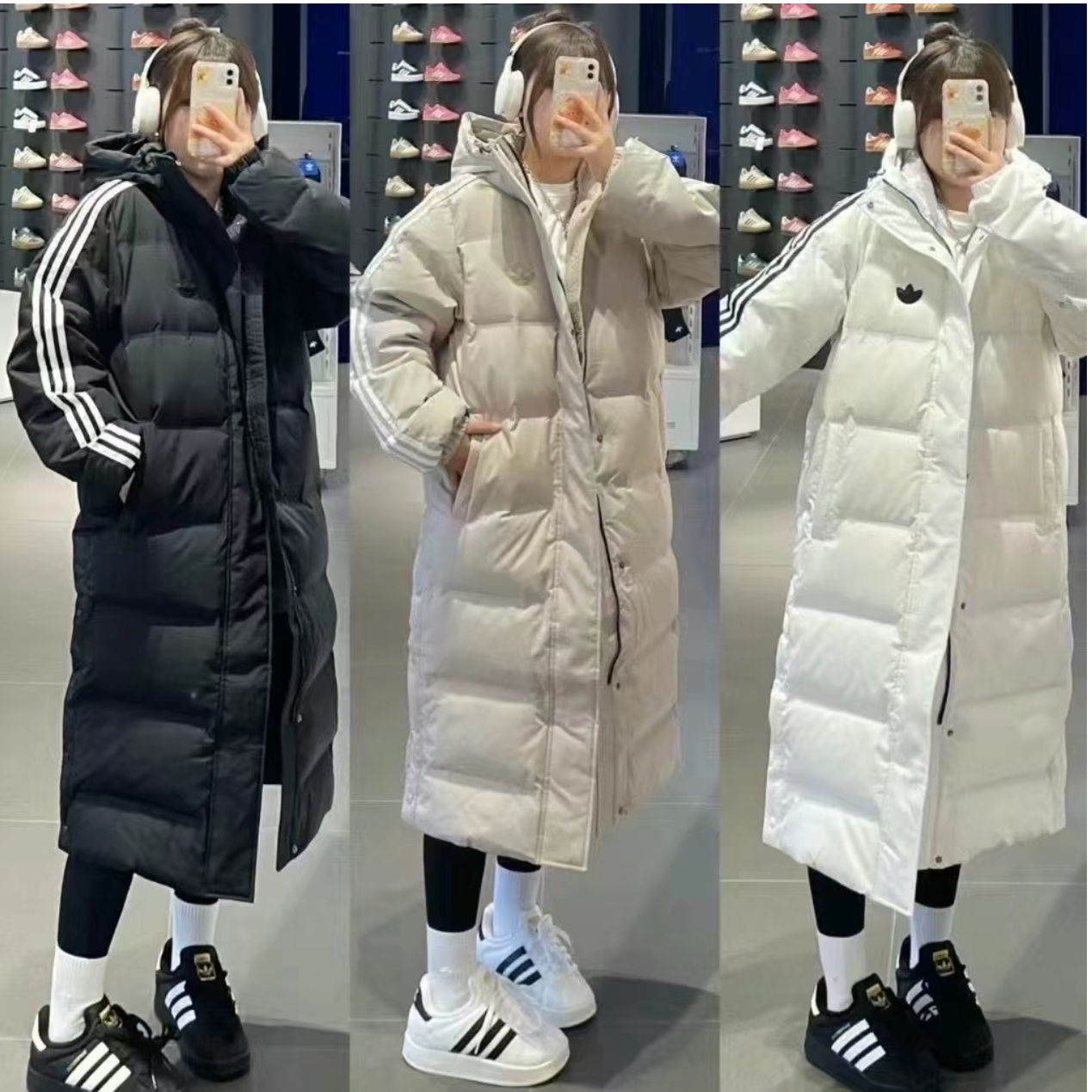 阿迪达斯三叶草男女情侣款保暖防寒三条杠长款羽绒服JD3749JJ4968