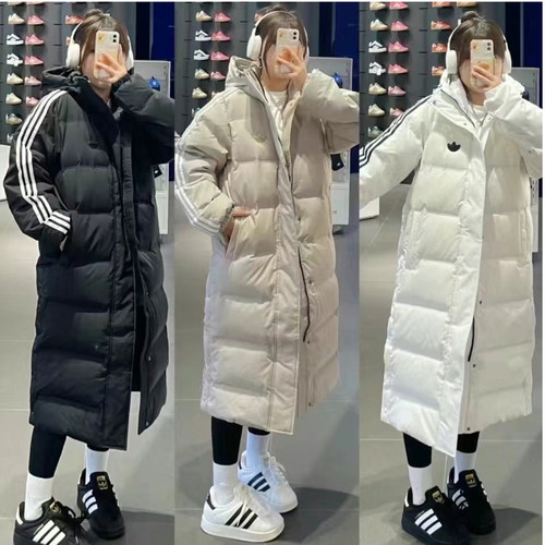 阿迪达斯三叶草男女过膝长羽绒服