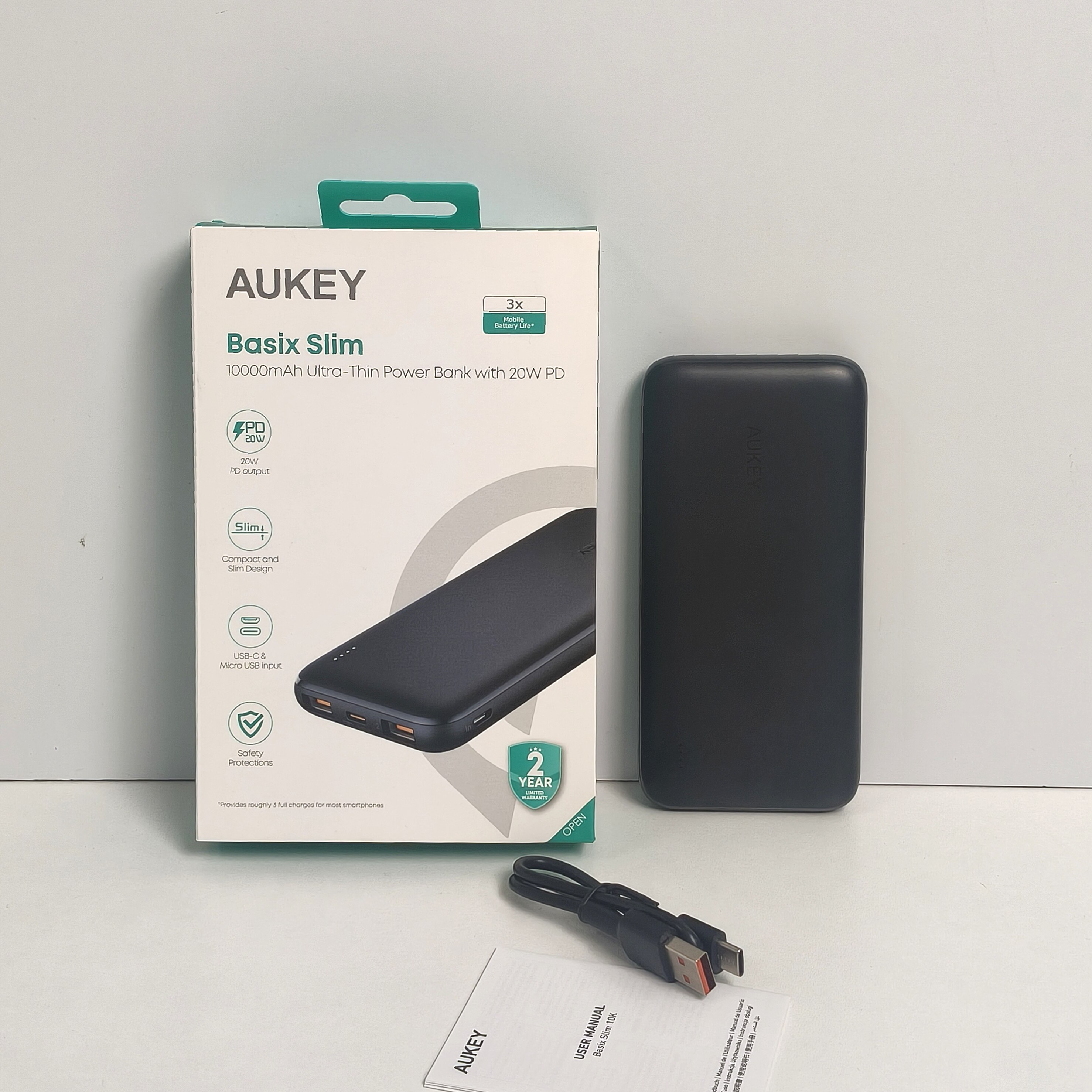 傲基Aukey充电宝快充移动电源10000mAh PD20W快充2USB-A 1USB-C 1Micro四口充电