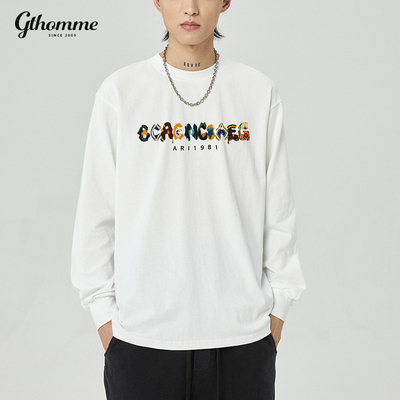 长袖T恤男宽松圆领印花