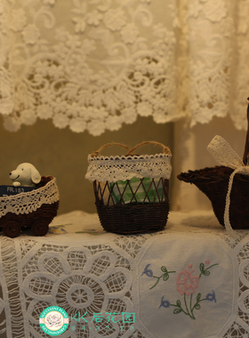 婴儿车小推车手工编织迷你微缩推车花篮子蕾丝篮子