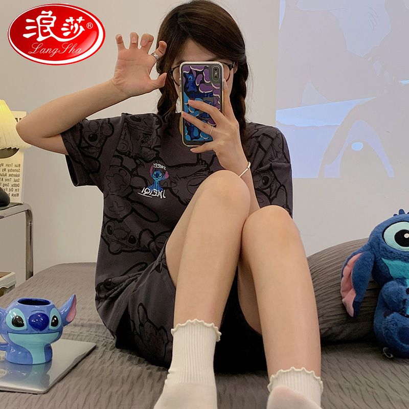 浪莎女式睡衣夏季清凉2025新款休闲卡通短袖短裤两件套舒适家居服