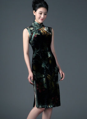 黑色花真丝绒低立领改良斜襟滚边修身复古日常礼服精致旗袍L276