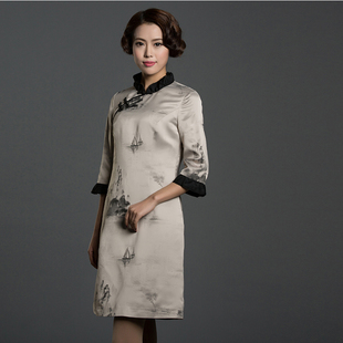 隆唐原创新款短袖斜襟秀禾服民族风水墨画印花改良日常旗袍L311