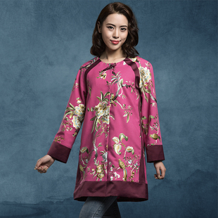 隆唐新款原创撞色风衣宽松大码中长款外套复古刺绣夹衣女装M304