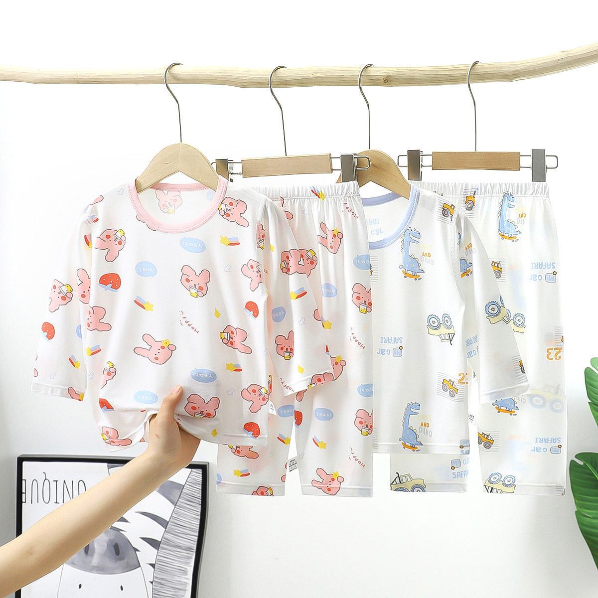 儿童艾草吸湿无骨空调服男女中大童长袖睡衣家居服夏季薄款小童