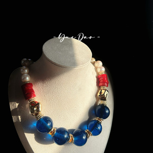 月岛手作｜monies/lizzie时尚复古风珍珠老琉璃项链颈链ins文艺感