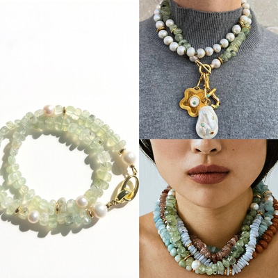 天然极光淡水无核珍珠葡萄石项链颈链 lizzie同款个性设计款