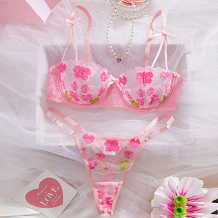 跨境性感内衣女甜美刺绣花朵文胸丁字裤套装钢圈聚拢半罩杯透明