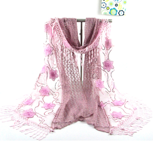 新品女蕾丝刺绣亮片丝巾绣花镂空围巾立体花朵流苏批披肩发