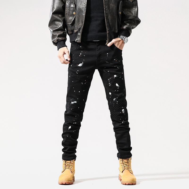 欧美复古潮牌机车泼墨牛仔裤