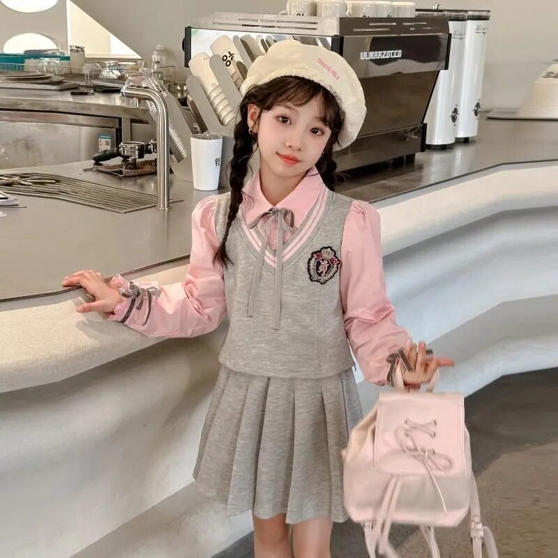 女童假两件衬衫套装裙子春秋新款套装