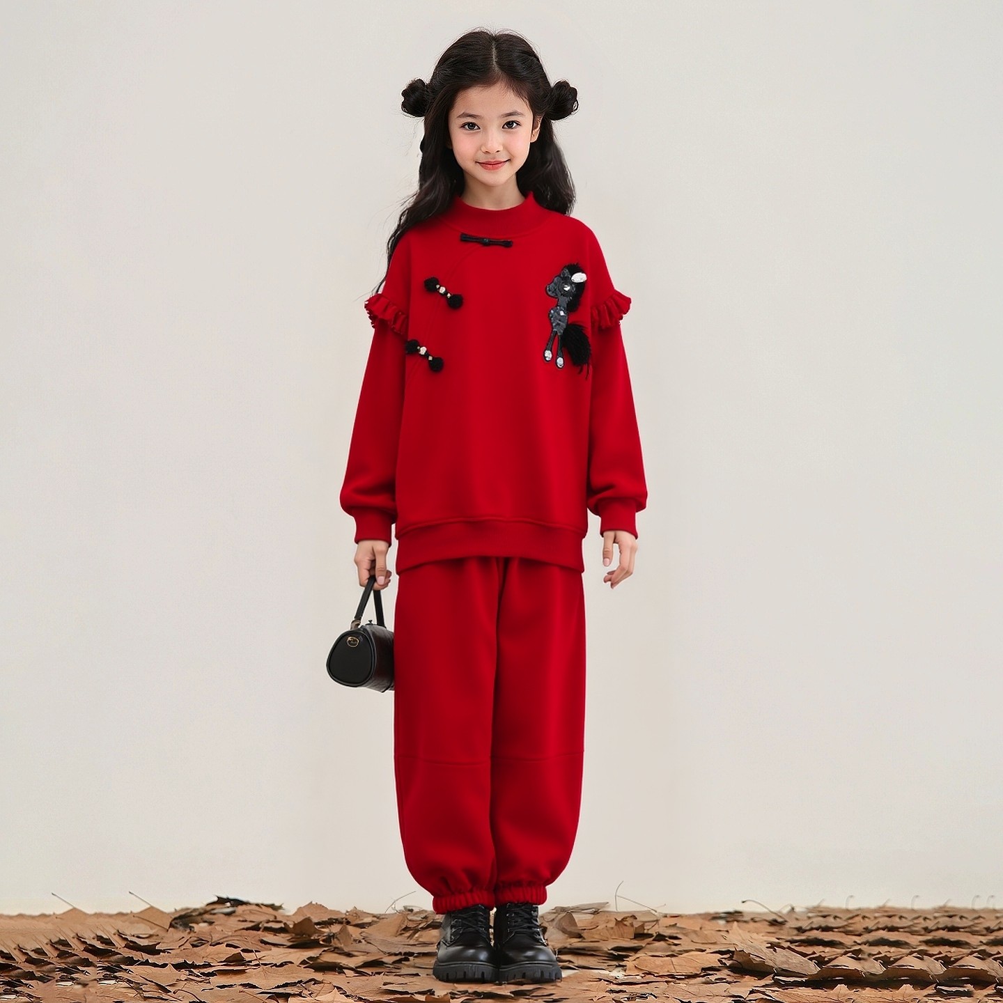 女童过年红色加绒套装冬季儿童新年衣服十二岁女孩本命年喜庆穿搭