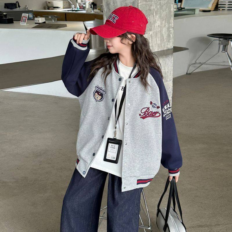 女童拼色外套新款洋气学院风网红百搭中大童时髦运动服儿童棒球服