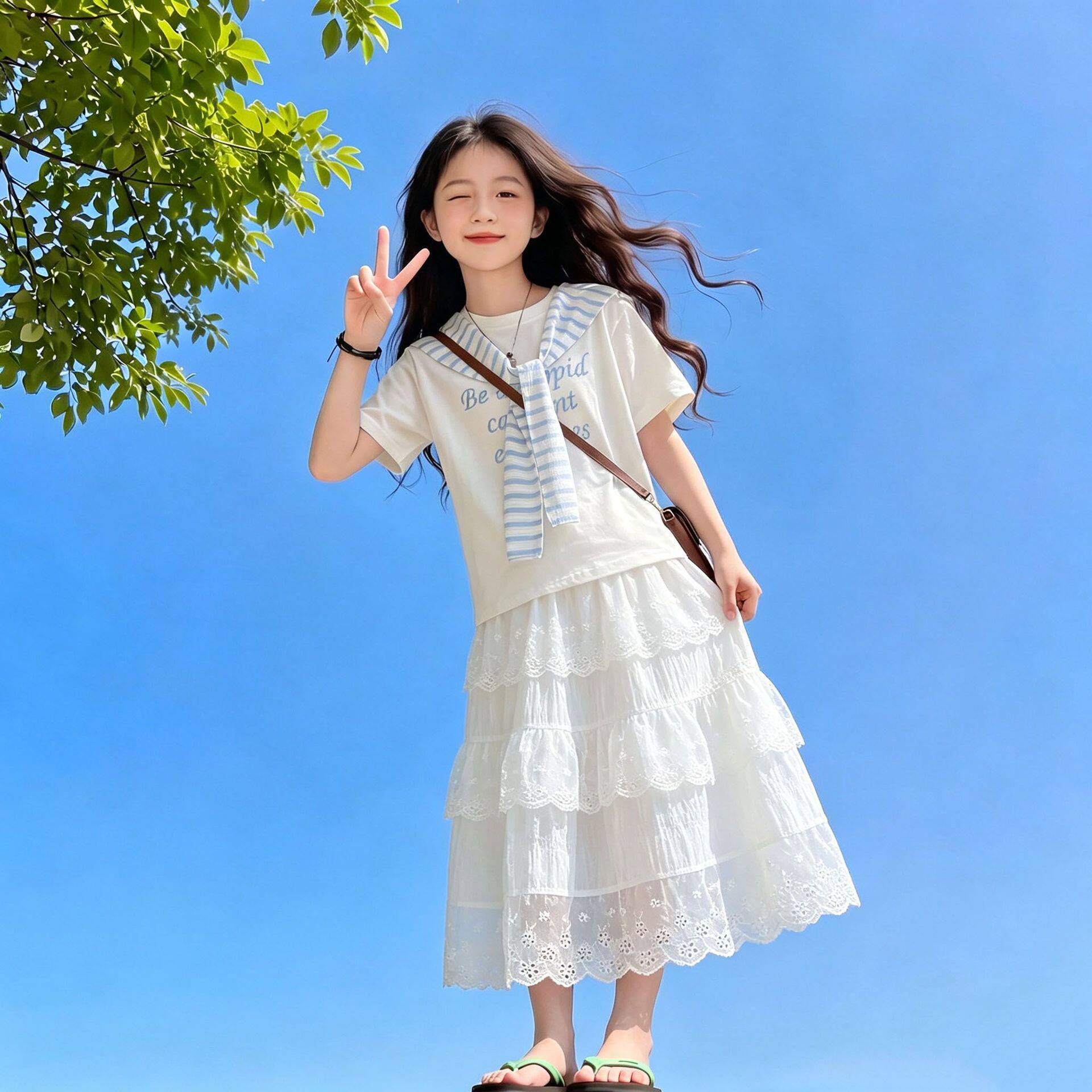 女童夏装套装大童女孩韩系披肩白色短袖t半身裙儿童公主裙两件套
