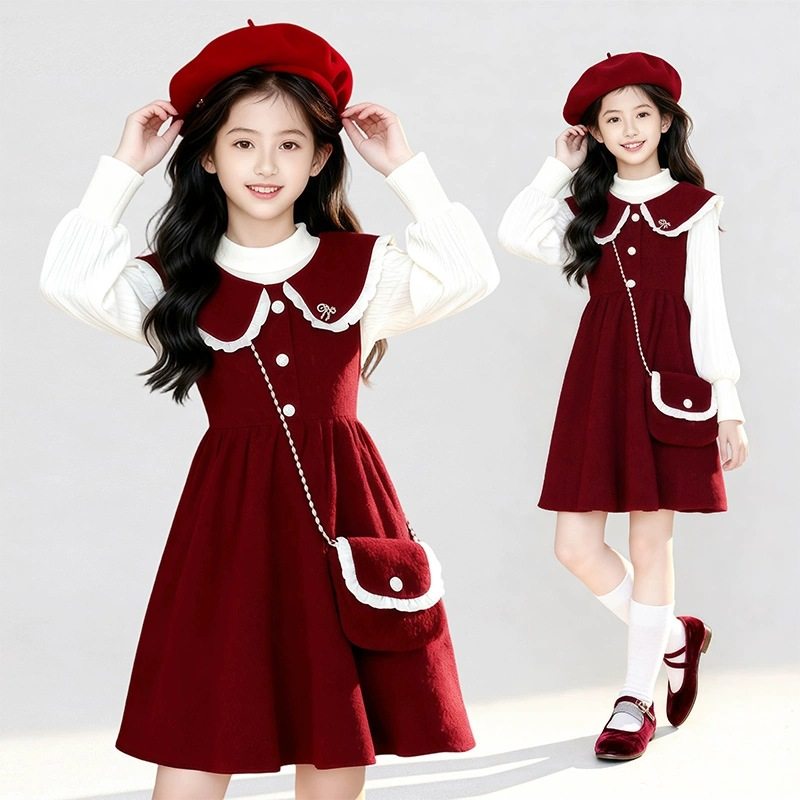 女童拜年服新年秋冬季新款儿童韩版红色设计感两件套背心连衣裙潮