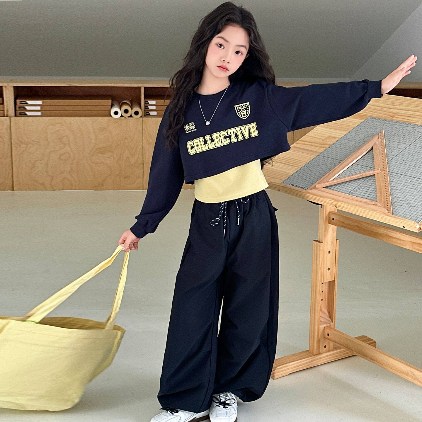 女童短款卫衣套装春秋新款中大儿童洋气潮炸街韩系休闲运动三件套