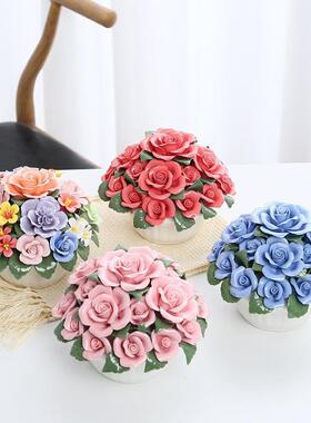 手捏陶瓷玫瑰花花球花篮摆件非遗手艺家居送礼办公室客厅手工摆饰