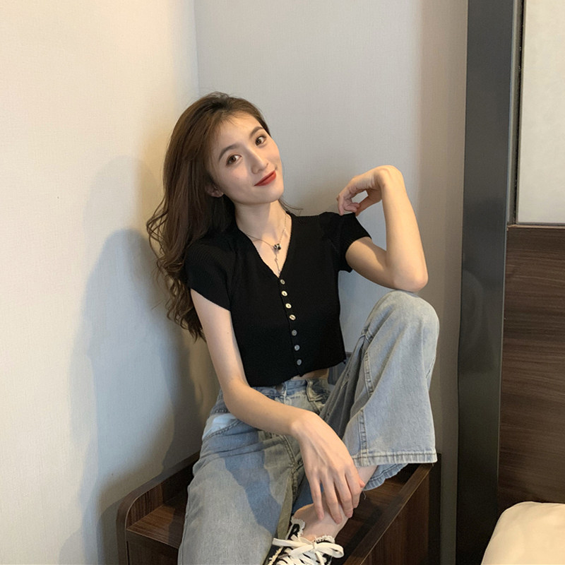 春夏韩版复古v领单排扣短袖针织开衫百搭修身短款露脐T恤女上衣潮