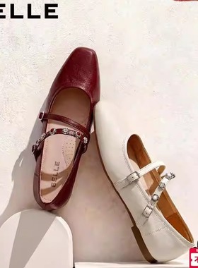 百丽复古羊皮红色玛丽珍鞋女2026春季新款平底浅口单鞋子F2B1DAQ6