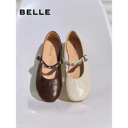 百丽复古羊皮软底玛丽珍鞋