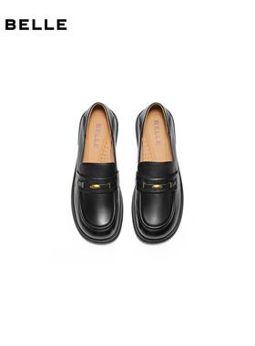 百丽乐福鞋女25新款黑色小皮鞋两穿一脚蹬羊皮深口单鞋子E1N1DCA5