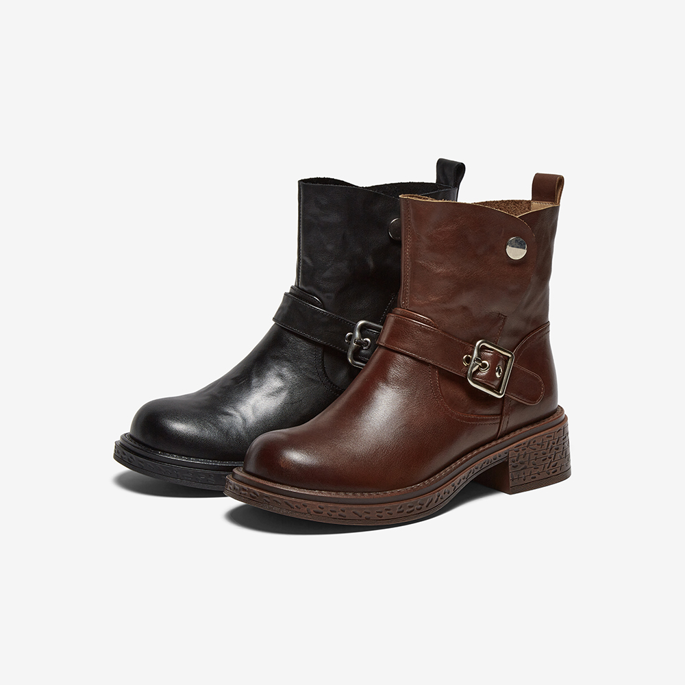 百思图2025冬季新款牛皮通勤靴