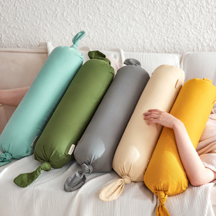 纯棉素色全棉帆布糖果枕客厅抱枕沙发圆柱形靠枕卧室床上靠垫含芯