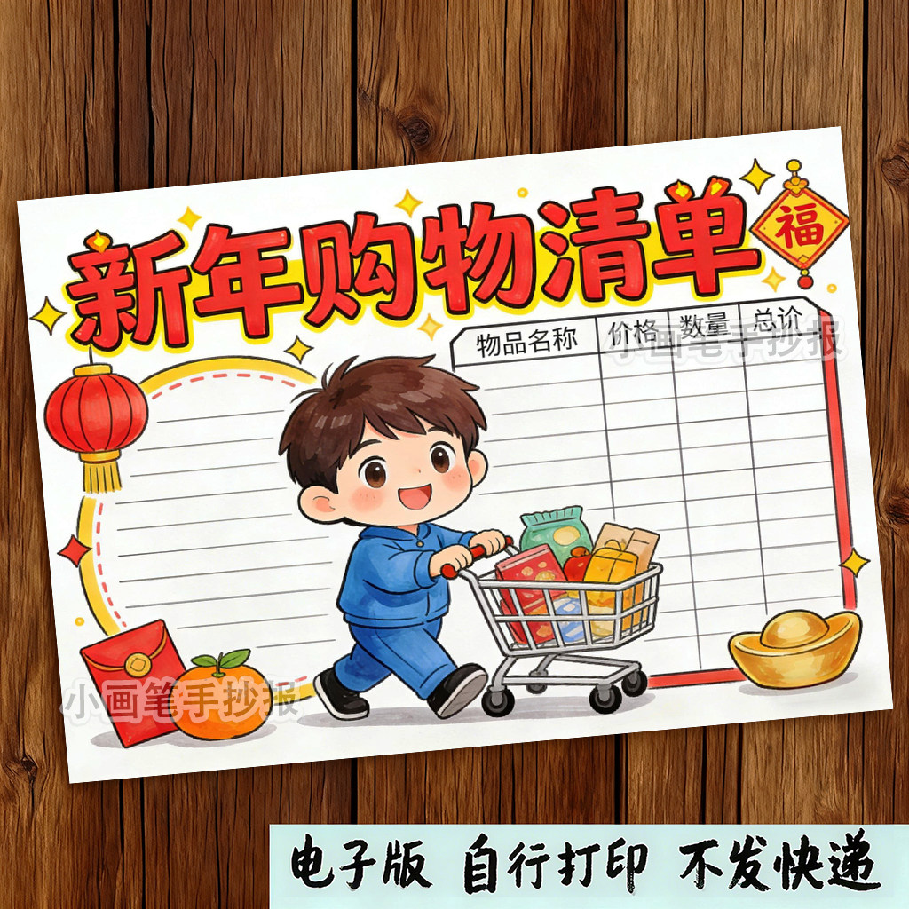 新年年货购物清单手抄报模板小学生春节统计表超市里的数学男