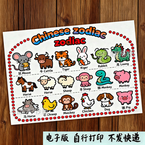 Chinese zodiac 英语儿童绘画模板小学生十二生肖英文手抄报线稿