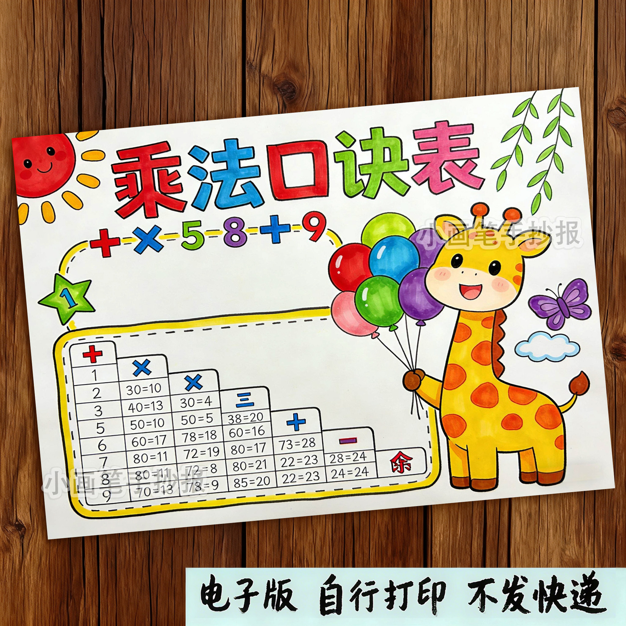 九九乘法口诀表数学主题绘画手抄报模板电子稿a4a3