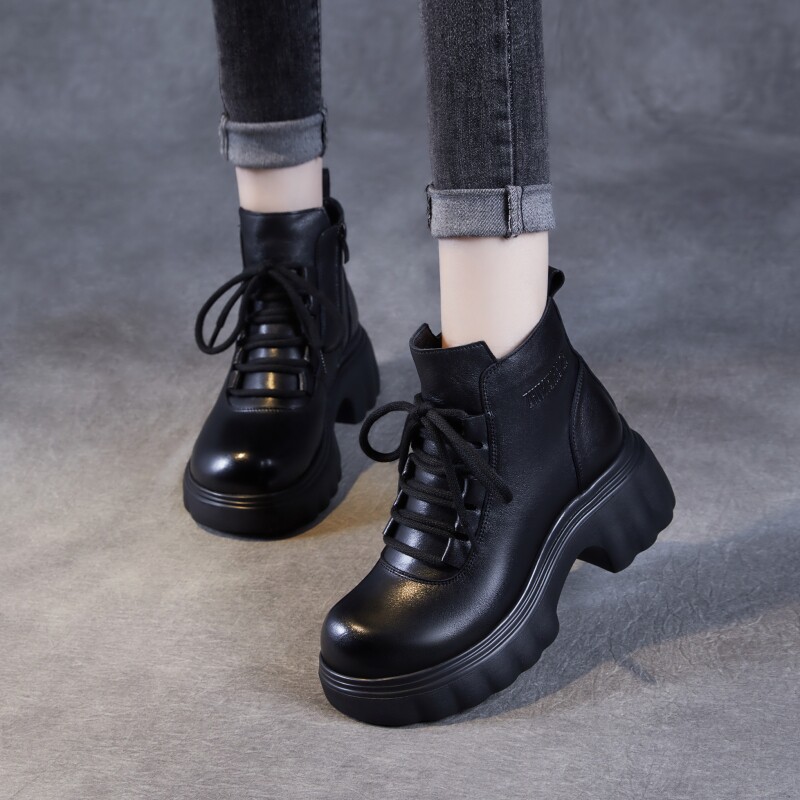 2025春季新款真皮女鞋厚底增高小短靴显瘦头层牛皮马丁靴休闲单鞋