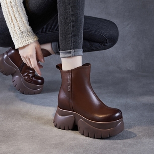 9.5cm高跟厚底真皮马丁靴女鞋 小个子内增高短靴牛皮 2025秋冬新款