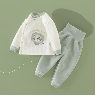 新生婴儿男宝宝女宝宝秋冬高腰护肚斜襟夹棉加厚保暖衣内衣套装