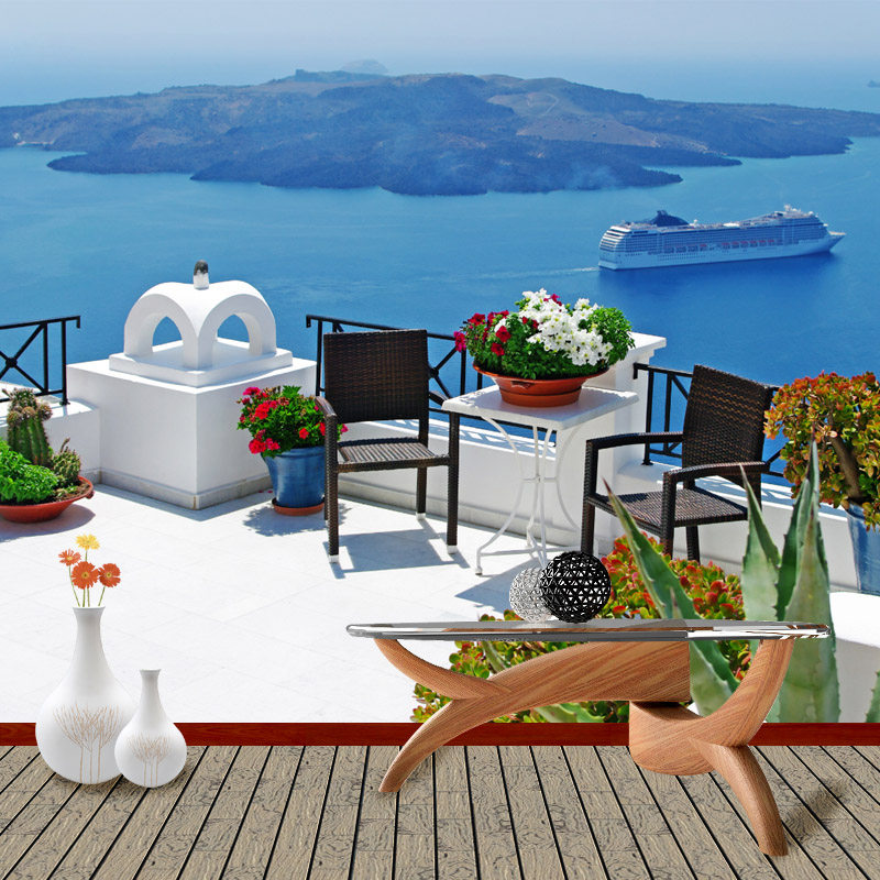 希腊爱情海爱琴海电视墙沙发地中海风格海边风景北欧壁画墙纸壁纸