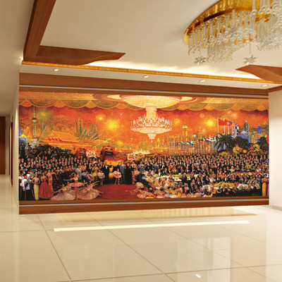 定手绘油画作品香港回归庆典酒店会议室客厅沙发背景无缝壁画墙纸