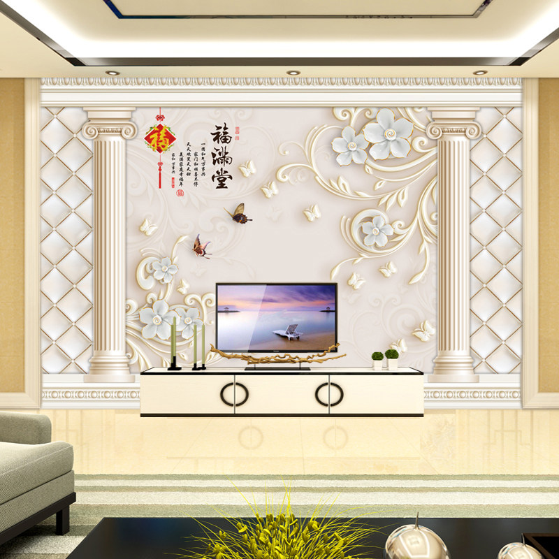 高清网红背景墙罗马柱欧式风格卧室床头客厅电视背景墙壁纸8D壁画