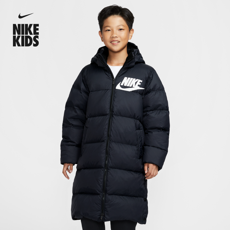 耐克大童轻巧梭织羽绒服外套冬宽松侧边按扣绗缝长款NIKE IR0028