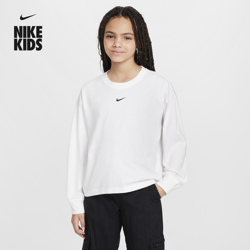 耐克勾勾大童宽松长袖T恤冬季男女童纯棉刺绣柔软NIKE FZ5535